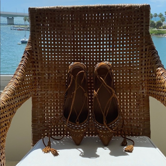 Aquazzura Christy Folk Embroidered Suede Tan Flats - Picture 4 of 5